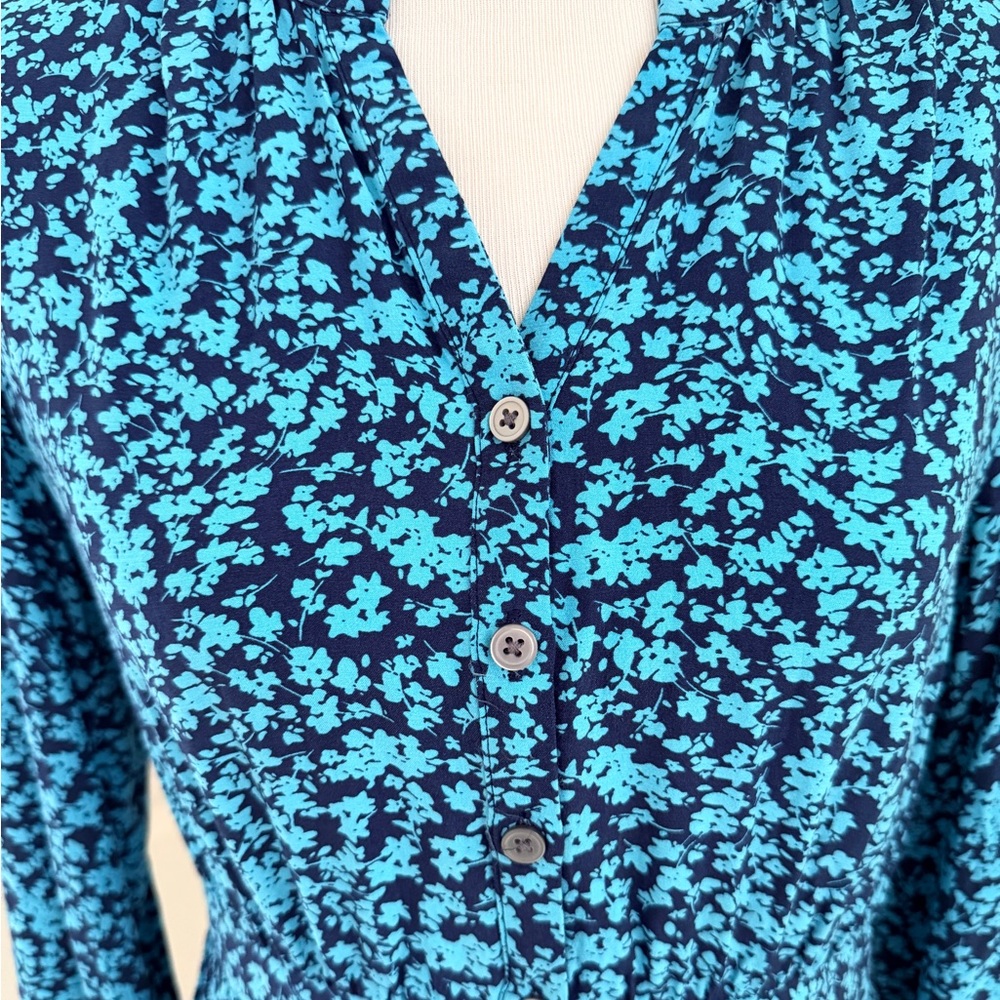 LOFT Teal and Navy Patterned dress. Quality lightweight flowing fabric.